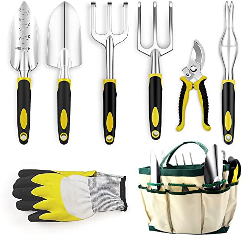 Qianruida Attrezzi Giardinaggio,8 Pezzi in Acciaio Inox Pesante Kit,Professionali Robusti Attrezzi per Piantare Uomo/Donna Set Di Attrezzi Da Giardinaggio