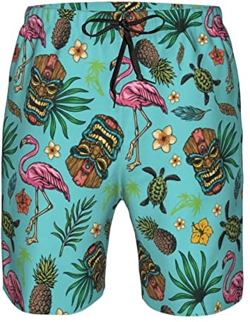 Shuwekk Short de bain pour homme avec motif drapeau américain - Séchage rapide - Avec doublure en maille, Motif Tiki tropical, Large