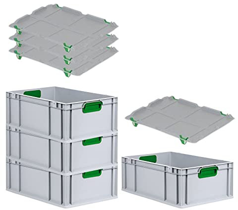 PROREGAL SuperSparSet 4x Eurobox NextGen Color mit Auflagedeckel & Schiebeschnappverschlüsse, HxBxT 22x40x60cm, 44L, Griffe grün geschlossen, Verstärkter Boden, Eurobehälter Transportbox