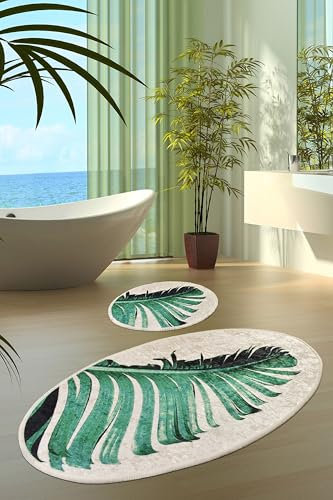miqna Ovales Badezimmerteppich-Set mit Feder-Motiv – rutschfeste Unterseite, Weiches und Wasserabsorbierendes Material, 2-teilig (Floret, 60 x 100 cm - 50 x 60 cm)