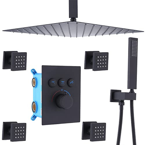 Delnet Concealed Thermostatic Shower Mixer Set System 16 Inch Square Ceiling Mounted Oversize Rain Shower Head with Body Jets and Handheld Matte Black, Can Run Simultaneously