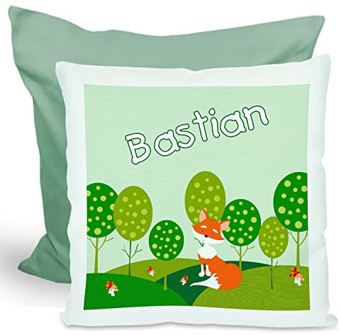 CreaDesign, Kinder Kissen 40x40 cm personalisiert mit Namen, Kinderzimmer Deko Kissen Kinder mit Füllung Federn, Motiv Fuchs, Rückenfarbe Grün