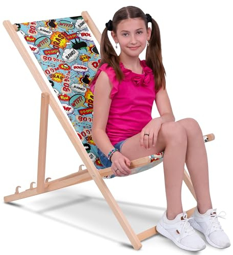 DreamRoots Kinder Liegestuhl Holz Gr. M, Boom | Klappbarer Campingstuhl faltbar, für Garten & Strand, bis 130 kg, waschbarer Bezug, 100% Polyester, UV-beständig, Kinderliege