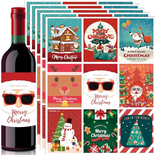 Comesix 45 Pieces Christmas Wine Bottle Label Stickers,3.5 * 4.5 Waterproof Wine Bottle Labels Funny Christmas Wine Labels for Christmas Party Decorations and Favors
