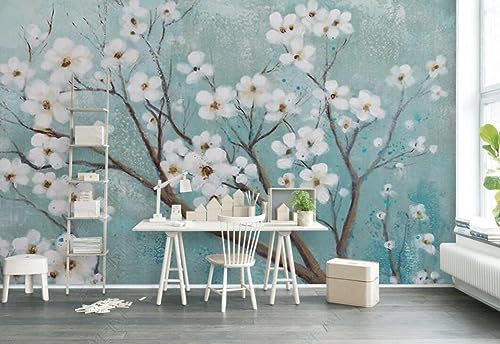 3D Tapete Blaue Kirschblüten-Ölgemälde-Blumen Fototapete Wohnzimmer Vliestapete Decoration
