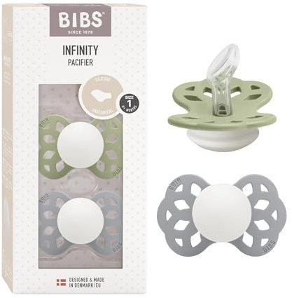 BIBS Infinity Glow Anatomical Schnuller 2er-Pack, BPA-frei. Leuchtet im Dunkeln, Kiefergerechte Form. Silikon, Hergestellt in Dänemark, Größe 1 (0-6 Monate), Sage Glow/Cloud Glow