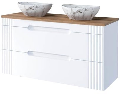EINFACH GUTE MÖBEL Badezimmer Waschplatz Frasciati 120cm | strahlend weiße Badmöbel mit Eiche-Akzenten | (120cm Aufsatz-Becken)