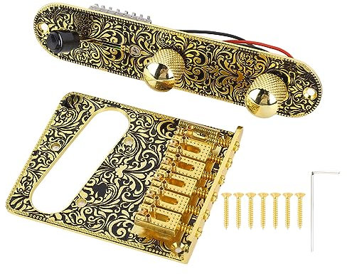 Engraved Bridge Control Plate Set, Engraved Electric Guitar Bridge Volume Control Plate Set Guitar Bridge Control Plate Kit for TL with Tele Telecaster Style Electric Guitar (Gold)
