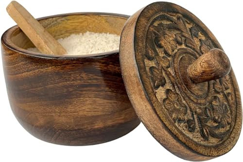 KPAVIR Rustic Salt Box with Hand Carved Lid & Spoon, Wooden Salt Pinch Bowls,Spice Bowls for Cooking, Coffee Storage Holder for Kitchen (Large)