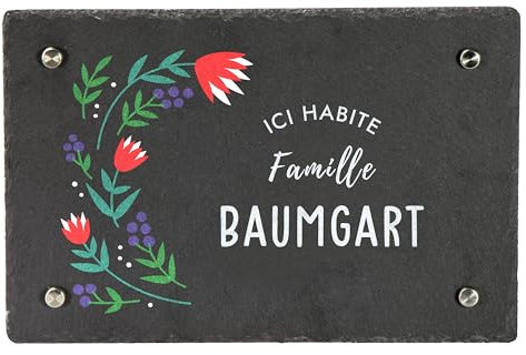 LAUBLUST Plaque porte en ardoise personnalisée - Motif Tulipes - Plaque d'entrée & plaque de maison avec nom de famille | 3 tailles, 4 supports muraux en acier inoxydable