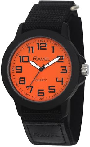Ravel - Moderne Workwear-Herrenuhr mit einfach zu befestigendem Armband - Schwarz/Orange Zifferblatt