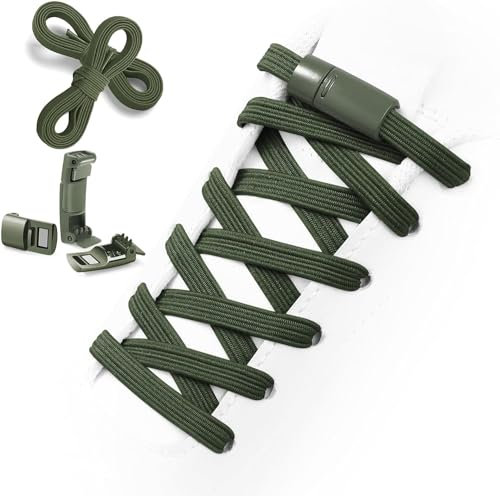 Shecret Cordones Elásticos, Cordones con Cierres Magneticos Metal, Cordones Elásticos Sin Nudo, Cordones Universales Ajustables para Zapatillas de Deporte, Niños y Adultos, Verde Militar