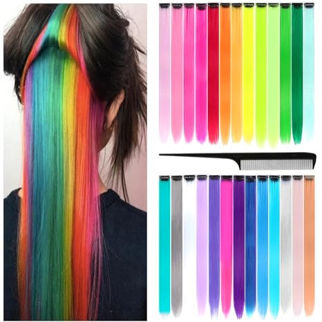 26 Stück Farbige Haarverlängerung Clip In/On, Haarsträhnen zum Einflechten 55cm Bunte Haarteile zum Einklipsen mit Kamm, Bunte Haarverlängerung Clips (26 Farben)