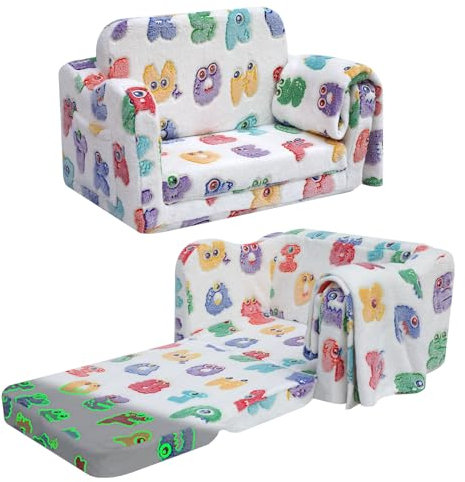 MeMoreCool Kindersofa Ausklappbar, 2-in-1 Kleinkinder Schlafsofa, Kindersessel mit Schlaffunktion, Mini Couch für Kuschelecke Kinderzimmer, Fancy Spielsofa für Mädchen und Jungen, Alphabet