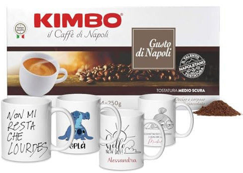 set regalo Kimbo Caffè Macinato - 2 Kg - Gusto di Napoli - 8 Confezioni da 250gr + 2 tazzine personalizzabili con testo e immagini idea regalo