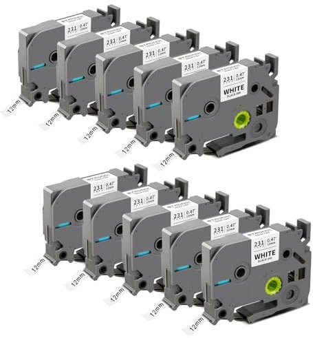 10x Kompatibel für Brother P-Touch Bänder 12mm TZe-231 TZ-231 Ub-231 Etikettenband für P-Touch Brother Beschriftungsgerät PT-1010 D400 H105 H100R H107 H100LB D200 1000, Schwarz auf Weiß Schriftbänder