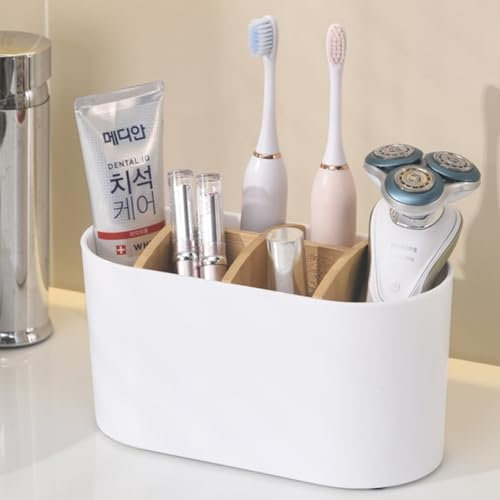 VEROA Bamboo Toothbrush Holder - Anti-Slip Electric Toothbrush Holders for Bathroom - Large 6 Compartments Detachable Toothbrush and Toothpaste Holder - White