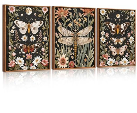 HPNIUB William Morris Wandkunst Jahrgang Floral Wanddekoration Gerahmt Schmetterling Libelle Drucke Natur Botanische Tier Kunstwerke Satz von 3 für Wohnzimmer Schlafzimmer Büro