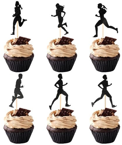 24PCS Black Glitter Running Cupcake Toppers, Running Cupcake Picks, Sports Cake Decorations, Fitness Theme Marathon Theme Decorations for Birthday Party Cake Decorations Supplies