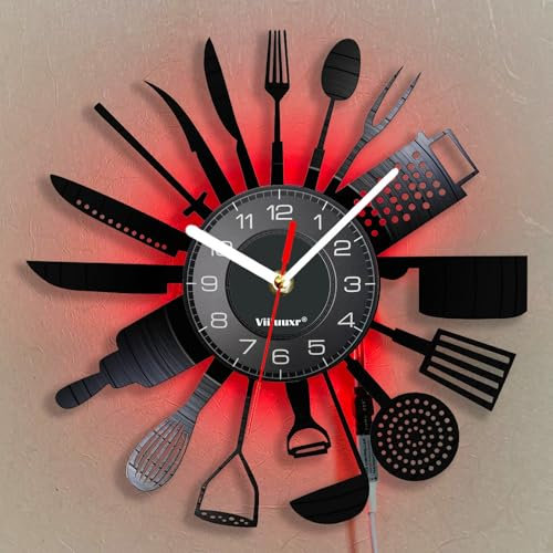 Viiluuxr LED Leuchtend Vinyl Schallplatten Uhr Batteriebetrieben Küchenwanduhr 30 cm Funkuhren Led-Streifen Wohnzimmer Restaurant Café Coffee Heim Deko Nachtlicht Leuchtendes Ambiente Wanduhr.