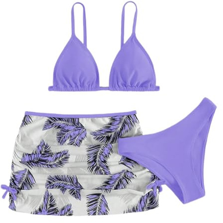 Maillot De Bain Enfant Fille Triangle 6-16 Ans Ensembles de Bikini 3 Pieces Haut De Maillot De Bain Rembourré + Tanga Ado Fille Tropical Plage Piscine Natation Vacances (6-9 Ans, Violet)