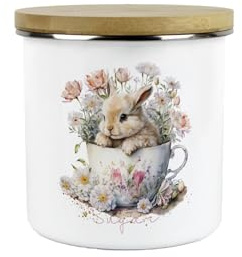 Bunny Rabbit Sugar Canister - Teacup Bunny Medium Metal/Enamel Hot Drinks Kitchen Storage Container Gift