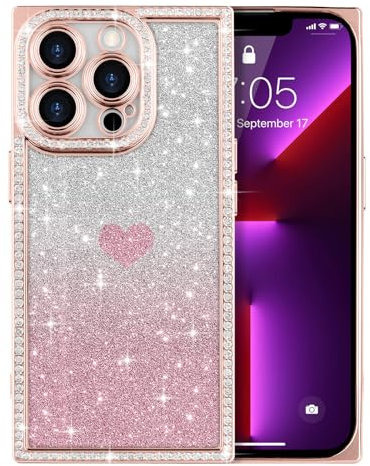 ROSEHUI for iPhone 13 Pro Max Case for Women Girls,Cute Love Heart Pattern, Electroplated Luxury Glitter Bling Diamond Clear Rectangle Case,Full Camera Protective Shockproof Soft TPU Cover-Rose Gold