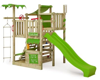 FATMOOSE CrazyCoconut Club XXL Play Tower Climbing Frame with Apple Green Slide & Tarpaulin, Outdoor Children's Climbing Tower with Sandpit, Ladder & Play Accessories for the Garden