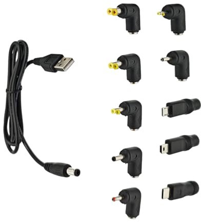 JZK Cable de alimentación DC a USB, Cable de alimentación 5V DC 5.5 x 2.1mm con 10 puntas de adaptador de corriente CC intercambiables, 5.5 x 2.5 mm, tipo C y más