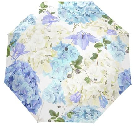 EOSDT Automatic Open Close Auto Travel Umbrella Compact Windproof Blue White Hydrangea Personalized Floral Print Umbrellas for Rain, Blue White Hydrangea, OneSize