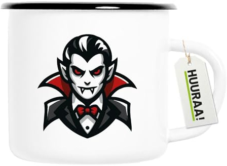 Huuraa Emaille Tasse Vampir Fabelwesen Geschenk | 300ml Becher Weiß mit Schwarzem Rand Vintage Campingbecher Geschenkidee Kaffeetasse als Wohnwagen Zubehör Campingtasse