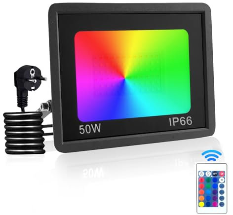 Dibaful 50W RGB LED Strahler Außen mit Fernbedienung Scheinwerfer IP66 Wasserdicht Outdoor Bunt Außenstrahler Fluter für Garten Party Garage Hof