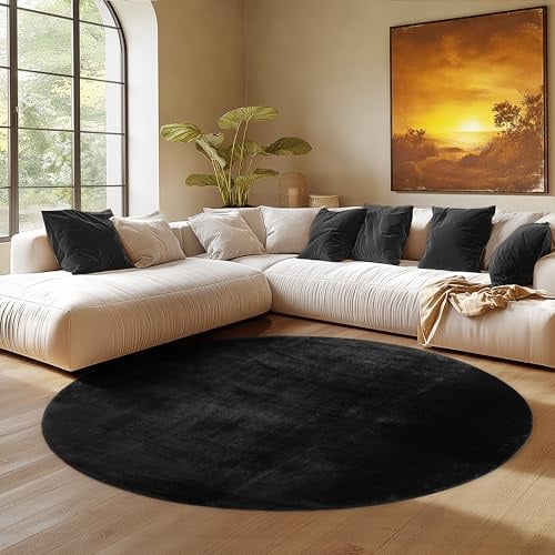 SIMPEX Runder Teppich Schwarz 200 cm Kurzflor Teppich Waschbar, rund, weich & rutschfest, modern einfarbiges Design für Wohnzimmer, Küche Schlafzimmer, & Kinderzimmer