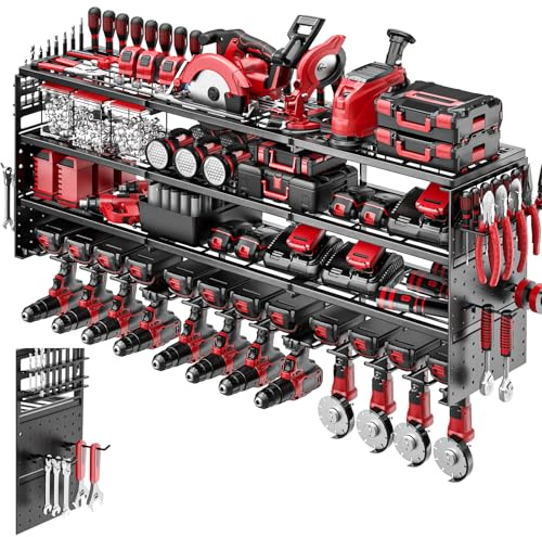ODSNANIE Werkzeug Wandhalterung,4 Ebenen 12 Steckplätze Wandregal,Schwarz | Tragkraft 220kg,Robustes Metall,rostgeschützt,Verstellbare Haken,132CM Heavy duty Elektrisch Wandmontage für Garage,Werkstatt
