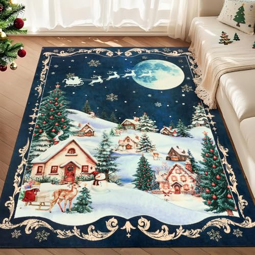 GEANUP Weihnachtsteppich Wohnzimmer 120 x 180 cm Waschbarer, Blau Stadt Teppich Weihnachten rutschfest, Kurzflor Weihnachten Teppich für Schlafzimmer Esszimmer Küche Kinderzimmer Spielzimmer