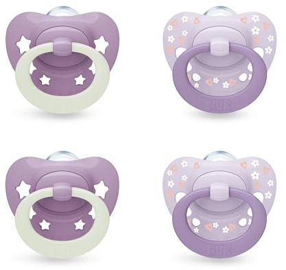 NUK First Choice Classic Day & Night Baby Schnuller | 18-36 Monate | Orthodontische Beruhigungssauger, die im Dunkeln leuchten | 95% Akzeptanz bei Babys** | Lila | 4 Stück