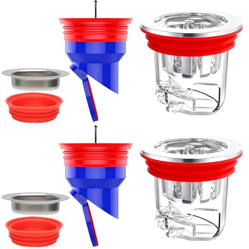 Set Valvola Antiodore Doccia 4 Pezzi – 2x F446 Tappo Doccia Antiodore Blu + 2x Anello Rosso – Valvola con Chiusura Magnetica & Sifone Acqua 35–52 mm – Accessori Scarico Bagno & Cucina