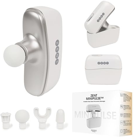 ZENT MiniPulse Massagegerät Mini kabellose Massage Gun Weiß | Die leise Massagepistole bietet bis 2200 Schläge/Min, Drucksensor, 10 Stufen, 4 Massageköpfe und Tragetasche.