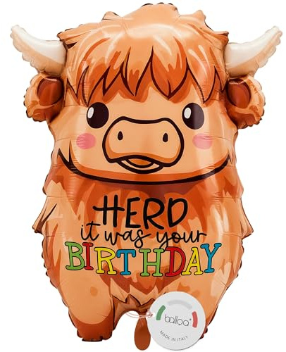 balloa Folienballon Highland Kuh, XXL Deko Kindergeburtstag, 62 cm | Highland Kuh mit Herd it was your Birthday Schriftzug, XXL Tierform, heliumgeeignet, ungefüllt, witzige Geburtstagsdeko