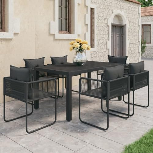 JHQHSM 7-TLG. Garten-Essgruppe aus PVC-Rattan Schwarz mit Stahlgestell und WPC-Tischplatte für Terrasse, Außenbereich, langlebig, stabil, leicht zu reinigen und umzustellen,