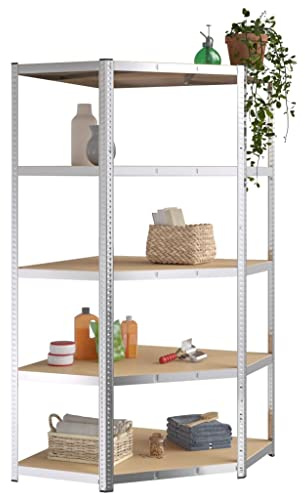 Tomostar Eckregal, Schwerlastregal, Garagenregal, aus Metall, Aufbewahrungsschrank, Werkstatt, Keller, 5 Ebenen, silberfarben, Stahl und Holz, 90 x 90 x 180 cm