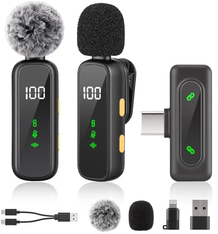 Upgrade Mini Mikrofon Handy mit Batterie-Display, Kabelloses Lavalier Ansteckmikrofon Klein Mic Wireless Plug-and-Play für iPhone/iPad/Android Phone/PC/Vlog/Video/TikTok/YouTube (Schwarz und Gelb)