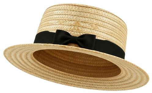 Bohue Adults Straw Boater Hat Black Bow Skimmer Hat with Ribbon Band Vintage Flat Top Summer Caps Retro Rowing Boat Hats Anime Costume Fancy Dress for Outdoor Parties Summer Events