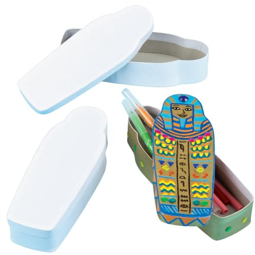 Baker Ross EV729 Cardboard Egyptian Sarcophagus Pencil Boxes - Pack of 3, 20cm x 7cm x 4cm, White Boxes, Painting Crafts