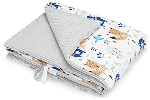 EliMeli BABYDECKE Kuscheldecke 100% Baumwolle - Warme Baby Decke aus Waffelstoff mit Füllung Kinderwagendecke Geschenke für Junge und Mädchen (Grau - Waldtiere)