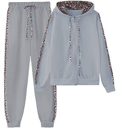 amropi Traingsanzug Damen Jogginganzug Leopard Kapuzenpullover Lange Ärmel Top + Hose Sportanzug 2 Stück (Grau,5XL)