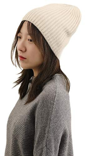 Prettystern Schwergewicht Damen Herren 100% Kaschmir-Wolle lässig Beanie RIPP-Strick Winter-Mütze Weiß
