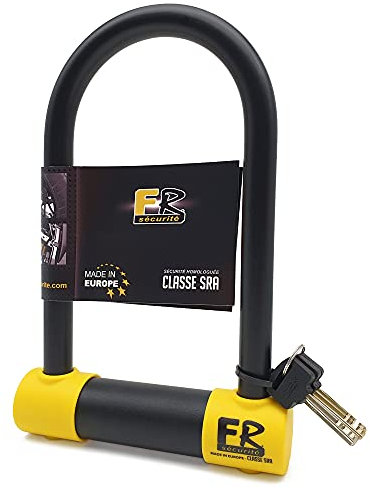 FR SECURITE Candado Moto U Homologado SRA, Horquilla ø18 Acero Endurecido Doble Bloqueo, Cerradura Antiganzúa Más Segura y Resistente, U lock Antirrobo 120x220mm para Neumático Motocicleta, Scooter