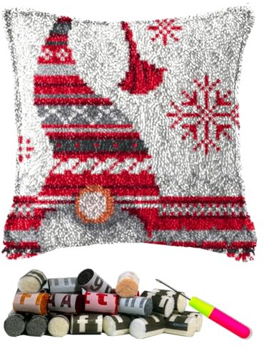 DIY Latch Hook Kits Throw Pillow Christmas Hat Cover Rug Pattern Color Printed Canvas16X16 inch, Crochet Needlework Crafts for Kids and Adults