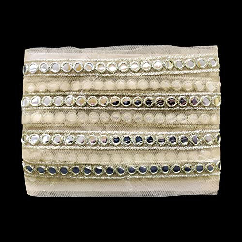 Trimming Shop Dekoratives Band aus indischer Spitze, verspiegelt, zum Nähen, Basteln, Verzieren, Hochzeitskleider, modische Kleidung, Beige, 38 mm breit, 4 m